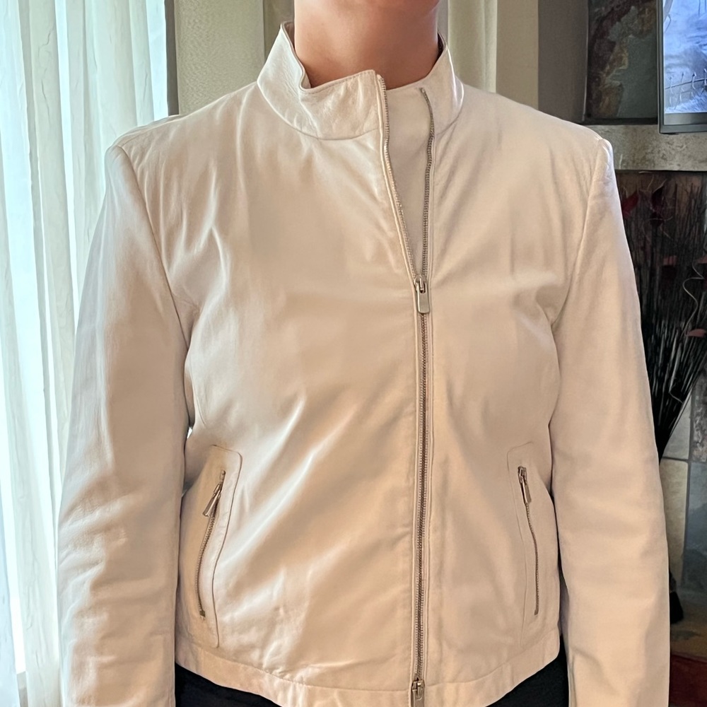 Armani Collezioni White Cross-Front Leather Jacket/ Authentic